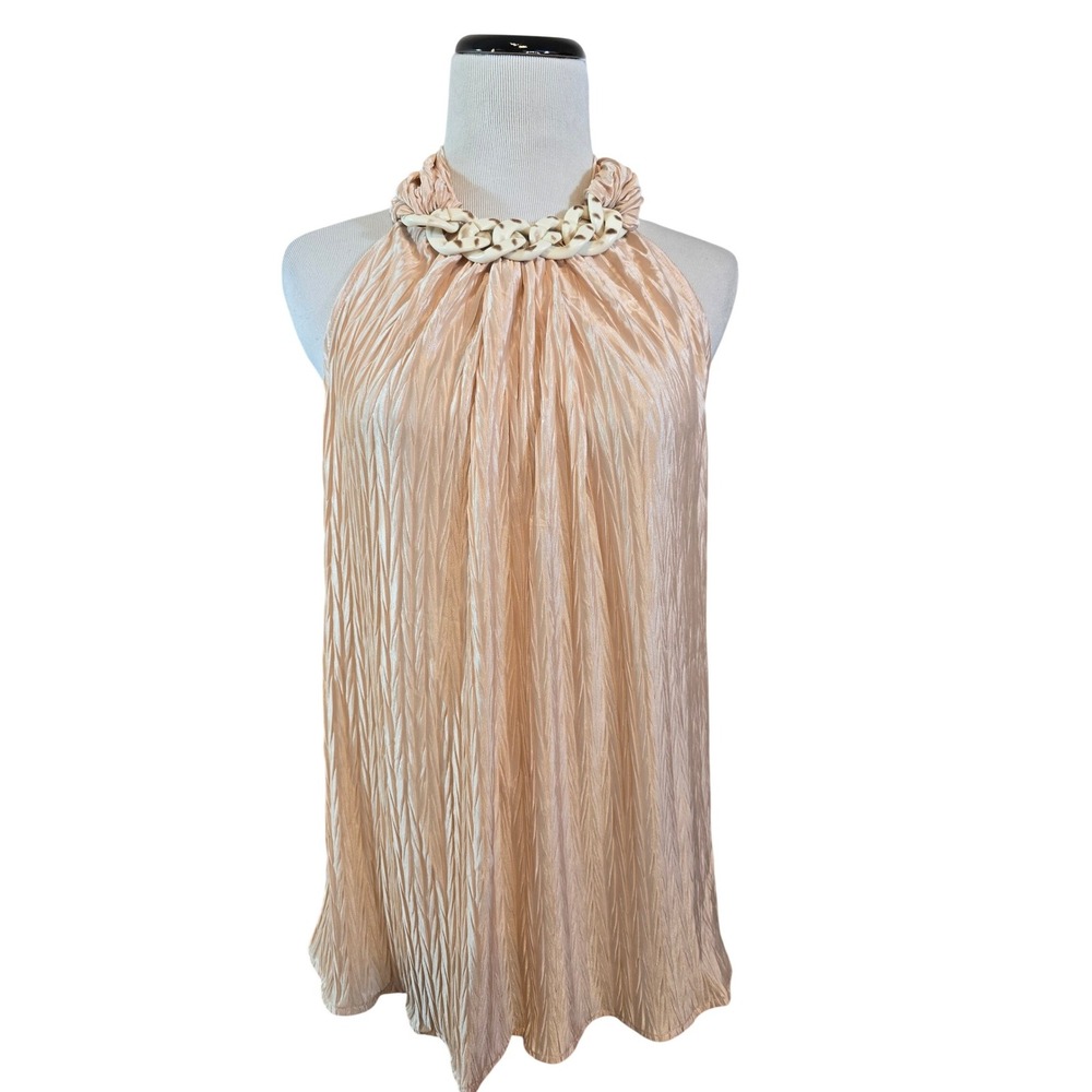 Umgee Champagne Pink Crinkle Pleat Halter Top‎ Chain Neck A0916 Size M NEW